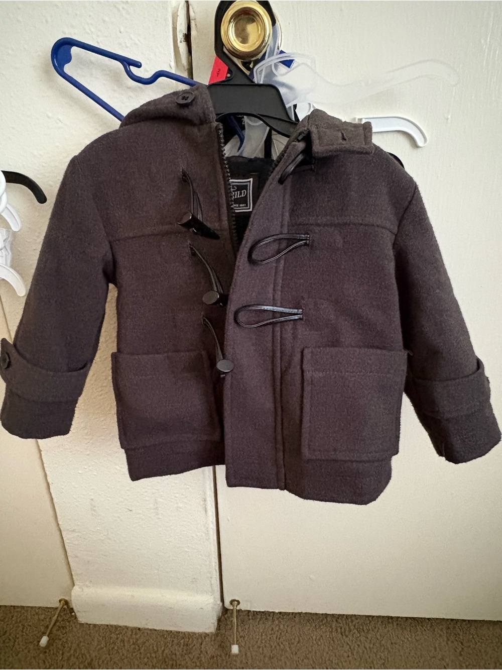 Children's Hooded Toggle Pea Coat in Dark Brown